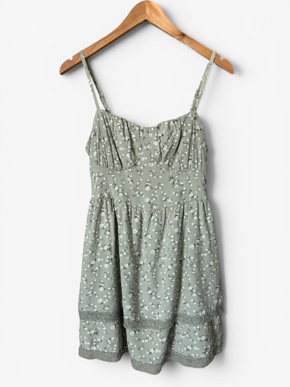 Hollister Sage Green Ditsy Floral Double Tier Corset Mini Dress Womens Medium